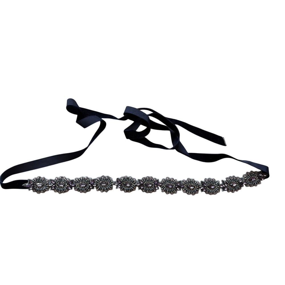 Crystal Embellished Dark Purple Velvet Tie Back Art Deco Formal Belt Beaded Ends